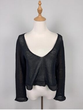 Sarah Pacini Black Open Breathable Knit V-Neck Long Sleeve Blouse Tunica